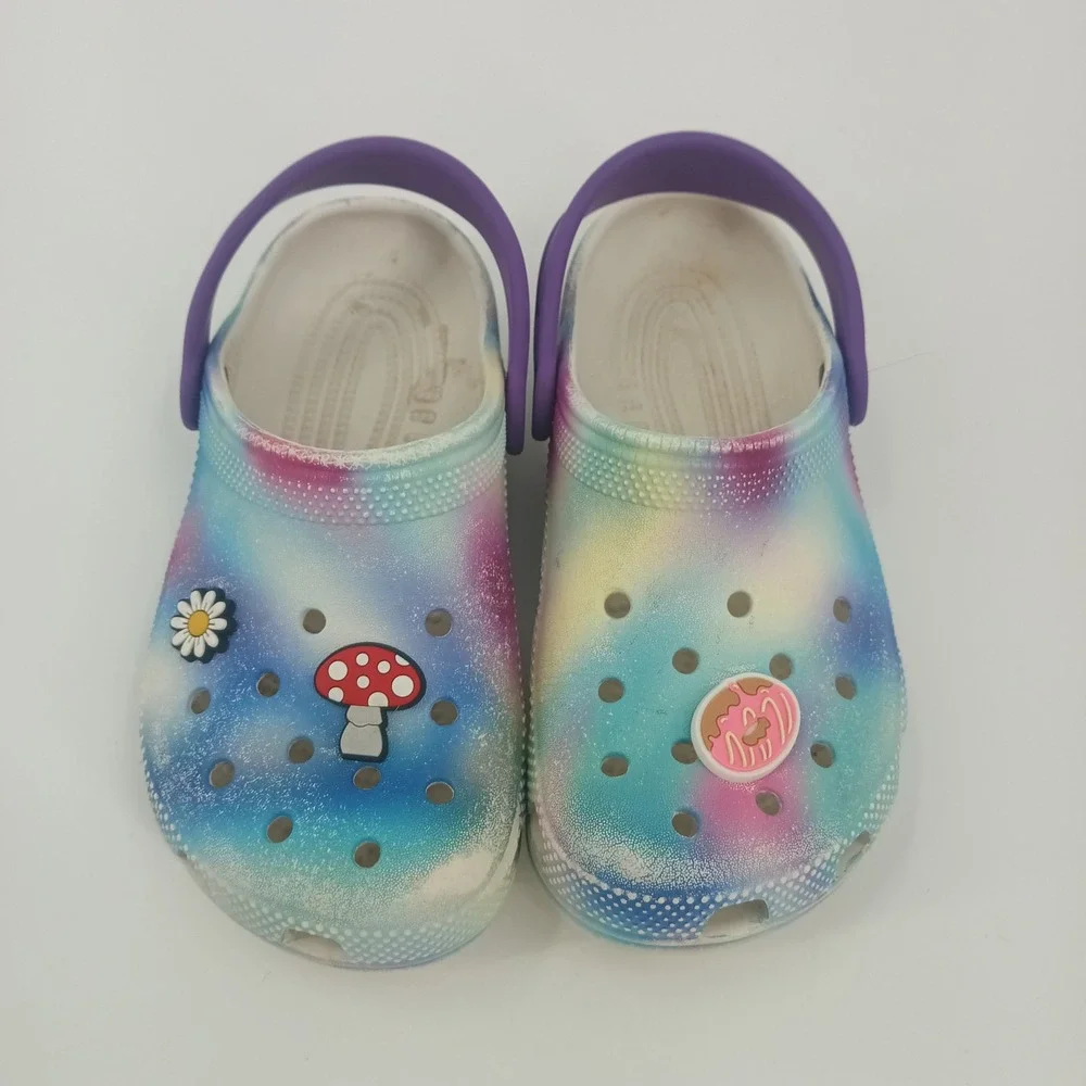 Crocs Kids Classic Tie Dye Galaxy Clogs Purple Blue J2 with Jibbitz Charms